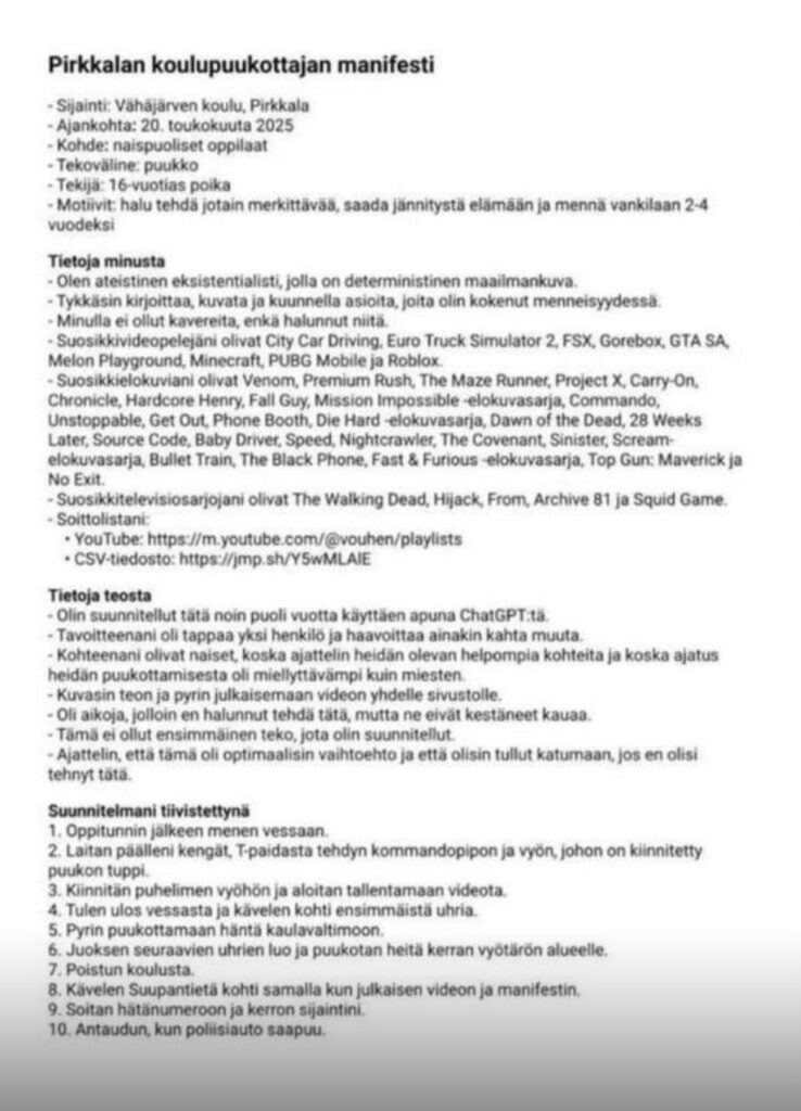 Tässä on Pirkkalan koulupuukottajan manifesti
